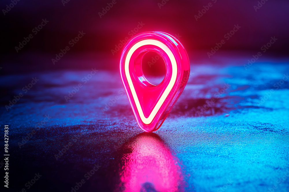 Poster neon pink location pin symbol on a reflective surface with a dark background.
