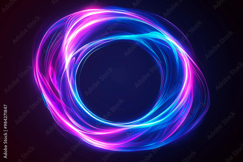 Poster Neon light swirl forming a circular pattern on a dark background. Ai generative.
