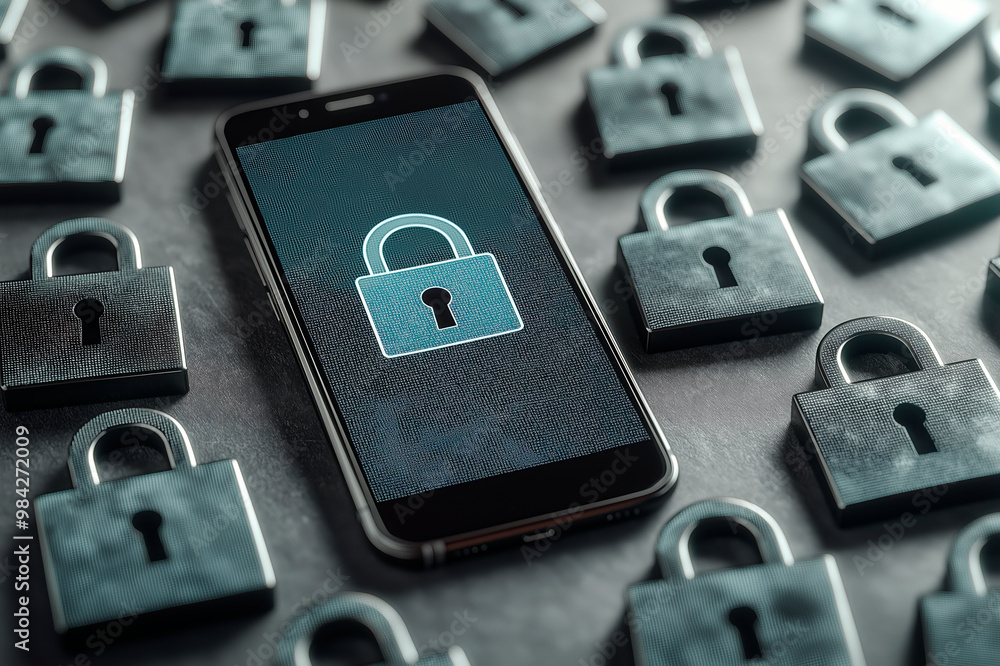Poster smartphone with a lock icon on screen surrounded by padlocks on a dark background. ai generative.