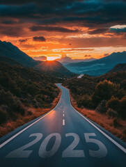 New year 2025 or straight forward concept. Text 2025 written on the road in the middle of asphalt road with at sunset. Concept of planning, goal, challenge, new year resolution.