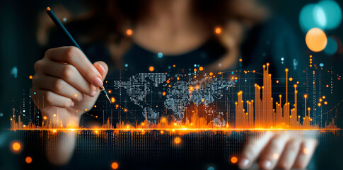 Hand holding a pen interacting with digital data visualization on a dark background. Ai generative.