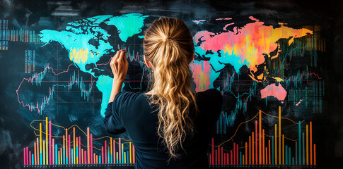 Woman analyzing global data on a world map with colorful charts and graphs.