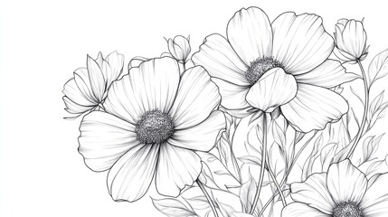 Line art illustration of a hand drawn beautiful cosmos bouquet This creative work features a decorative series of pen lines ideal for floral patterns on fabric wallpaper and paper