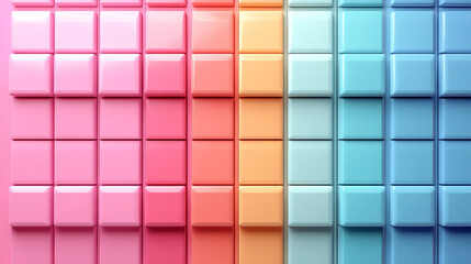 Colorful abstract arrangement of square tiles in pastel shades of pink, orange, and blue, creating a visually striking pattern.