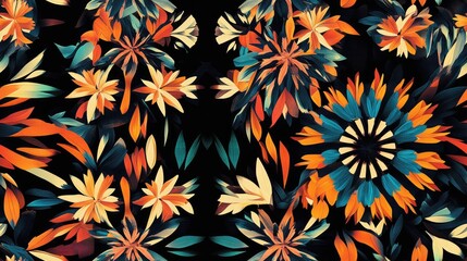 Fototapeta premium Exotic seamless pattern featuring a black symmetrical kaleidoscope background Ideal for textiles including swimwear fabric wallpaper and wrapping Summer themed design for various applications