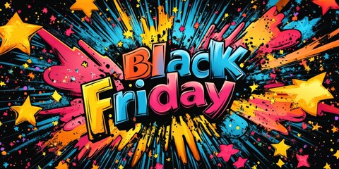 Obraz premium Dynamic and colorful Black Friday text exploding with stars and confetti