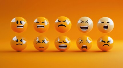 Obraz premium A set of 10 3D emoji icons on an orange background. The emojis are arranged in two rows and show different facial expressions.