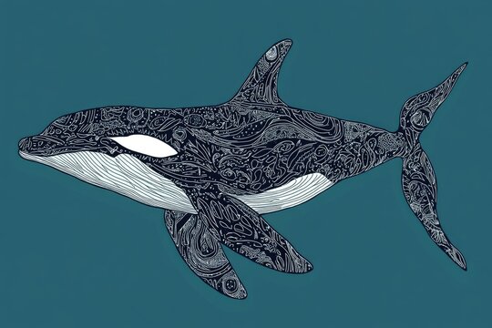 recommend clip art: Line art illustration of a hand drawn patterned killer whale against a blue backdrop Doodle of an orca