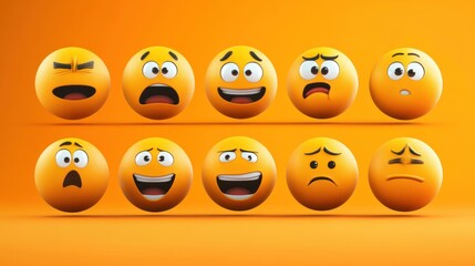 Obraz premium A collection of 10 yellow 3D cartoon emoticons with various expressions, including surprised, happy, sad, and worried, against a bright orange background.