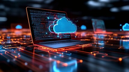 High-Tech Laptop Displaying Cloud Technology in a Futuristic Environment