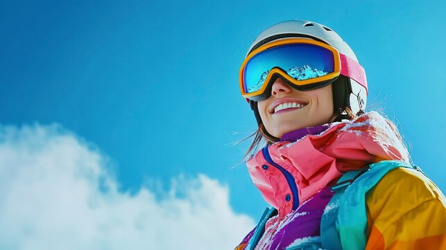 Portrait of smiling female skier with goggles on blue sky background on sunny winter day. Woman with ski goggles and colorful clothing. Fashion winter vacations concept. 