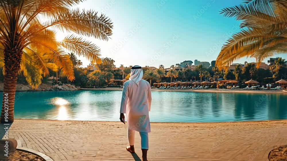 Poster man walking beside a serene lake surrounded by palm trees generative ai