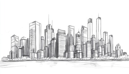 Line art illustration of a pencil sketch featuring an urban skyline design