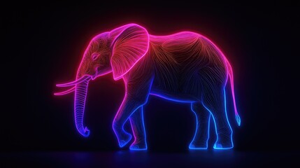 Line art illustration featuring a neon depiction of a young African elephant