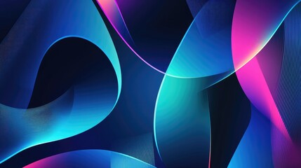 Abstract blue gradient geometric background featuring neon light curved lines and shapes in a vibrant graphic design