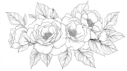 Line Art of Rose Flowers Floral Bouquets and Frames Hand Drawn Fine Line Illustrations of Roses Leaves and Botanical Elements Coloring Page Featuring Isolated Peony Roses