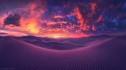 Dramatic sunset over a vast desert landscape.