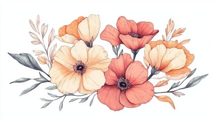 Line art illustration of a bouquet of flowers suitable for greeting cards wedding invitations birthday celebrations and summer themed designs Watercolor style