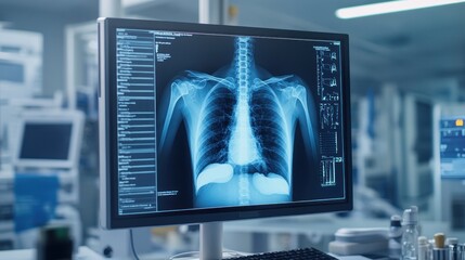 A computer monitor displays an x-ray of a person's chest and spine in a hospital or doctor's office.