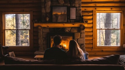 Couple sitting in front of a fireplace in a cozy log cabin