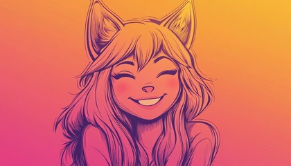 Line art illustration featuring a warm gradient drawing of a cheerful cartoon wolf girl