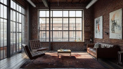 An industrial-style loft featuring exposed brick walls, dark wood floors, and large steel-framed