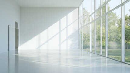 Fototapeta premium An open and bright empty room, bathed in natural light from large floor-to-ceiling windows