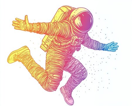 recommend clip art: Whimsical line art illustration depicting a colorful gradient design of a quirky bald astronaut in motion