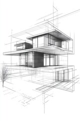 Line art illustration of abstract architectural design Plan of contemporary residence Wireframe low poly mesh construction representation