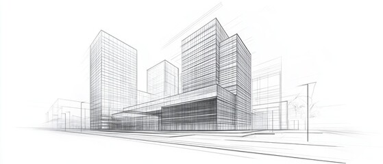 Line art illustration showcasing architectural buildings in a 3D sketch format