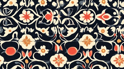 Fototapeta premium Rustic Floral Pattern Dark Seamless Vintage Tile Design Japanese Geometric Print Mexican Mosaic Style