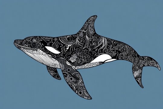 recommend clip art: Line art illustration of a hand drawn patterned killer whale against a blue backdrop Doodle of an orca