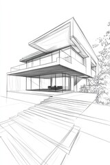 Line art illustration of an architectural sketch depicting a house building in 3D