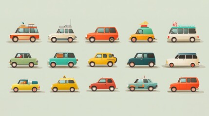 Naklejka premium Charming and whimsical collection of vehicles with a flat, minimalist visual aesthetic. These adorable cars exude cuteness and simplicity, capturing the essence of cartoonish charm