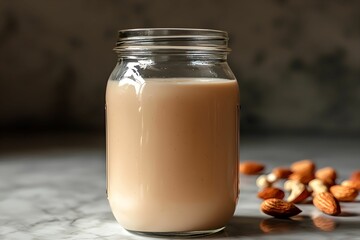 Homemade almond milk in a jar with nuts on a marble surface
