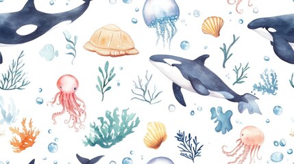 Fototapeta premium Seamless pattern of underwater animals featuring a whale orca octopus seahorse jellyfish turtle clownfish shells algae corals and bubbles Hand drawn watercolor illustration