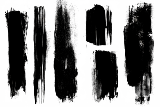 A set of six different black paint smears, each with unique textures and tonal variations, offering abstract and dynamic designs.