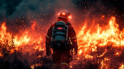 A firefighter fighting a natural disaster. The concept of fighting a forest fire