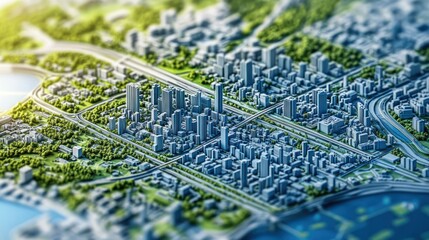 A miniature cityscape with skyscrapers, roads, and green spaces.