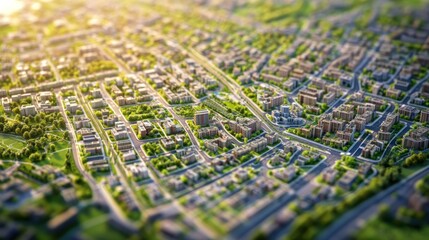 A miniature model of a city with buildings, roads, and parks, bathed in warm sunset light.