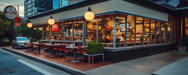 A gourmet burger joint with James Hardie siding, featuring a retro diner theme, located on a busy city street corner, combining classic charm with modern durability