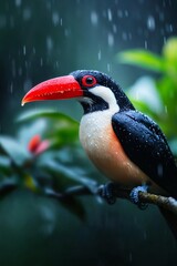 Fototapeta premium Colorful Toucan Perched on Branch in Rainforest Rainy Weather