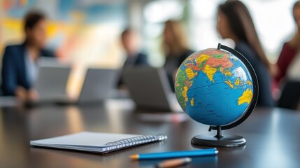 A globe, notebook, and pencil sit on a table in a meeting room with people in the background.