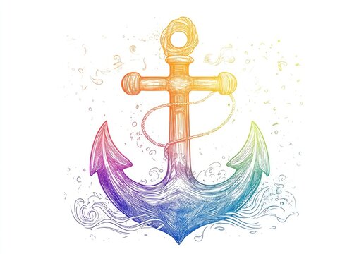 recommend clip art: Line art illustration featuring a rainbow gradient design of a whimsical ship anchor