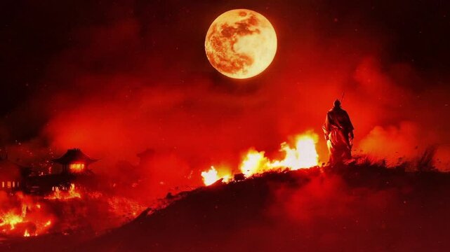 Chinese warrior stands on top a hill, with flames burning around him and buildings in a red hue floating above. 