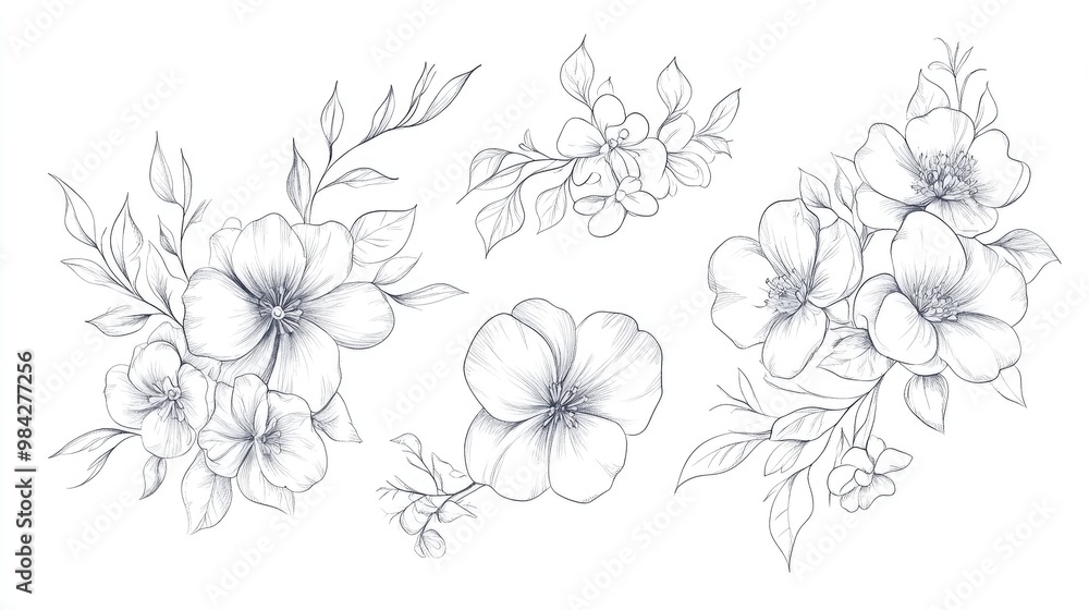 Wall mural Spring Floral Line Art Hand Drawn Flower Frames and Bouquets Elegant Outline Illustrations for Invitations and Card Design Fine Line Floral Elements