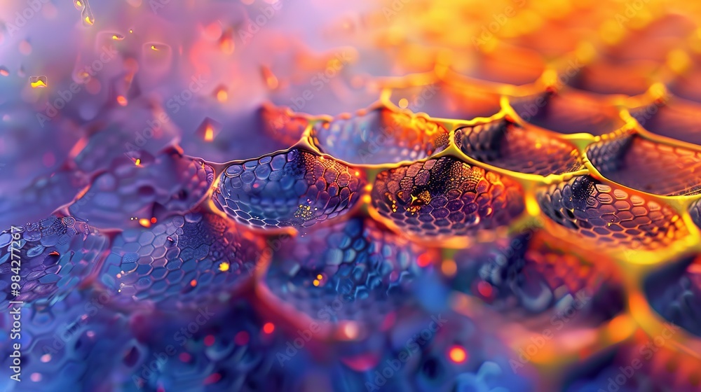 Poster close-up of a detailed honeycomb pattern with vibrant colors and intricate designs