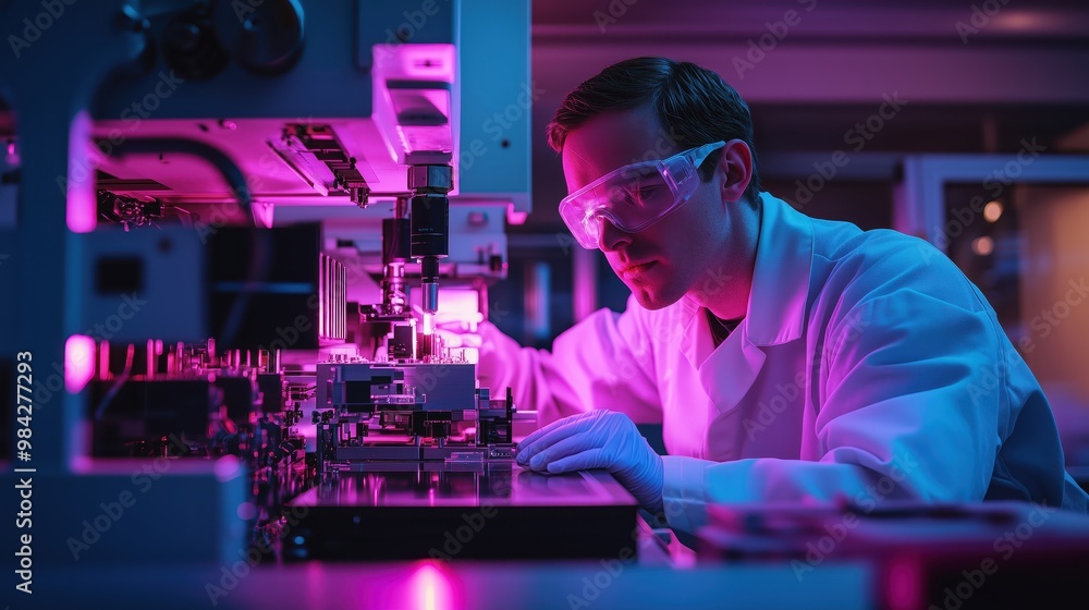 Poster nano-circuit fabrication technician operating electron beam lithography machine for microscopic elec