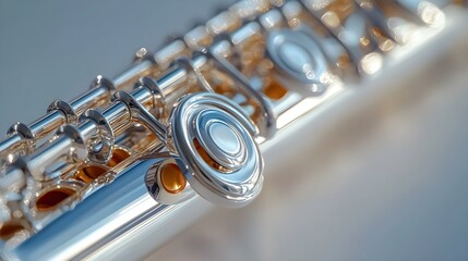 Obraz premium Detailed Close-Up of a Flute's Head joint in High-Resolution, Showing Shiny Metal Surface Image