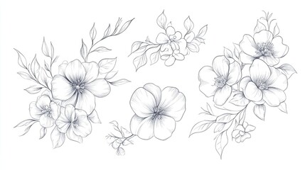 Spring Floral Line Art Hand Drawn Flower Frames and Bouquets Elegant Outline Illustrations for Invitations and Card Design Fine Line Floral Elements